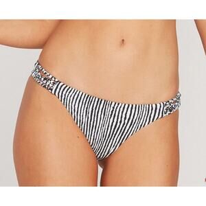 Volcom Women's Stripe Away Hipster Bikini Bottom Black / White Large NWT